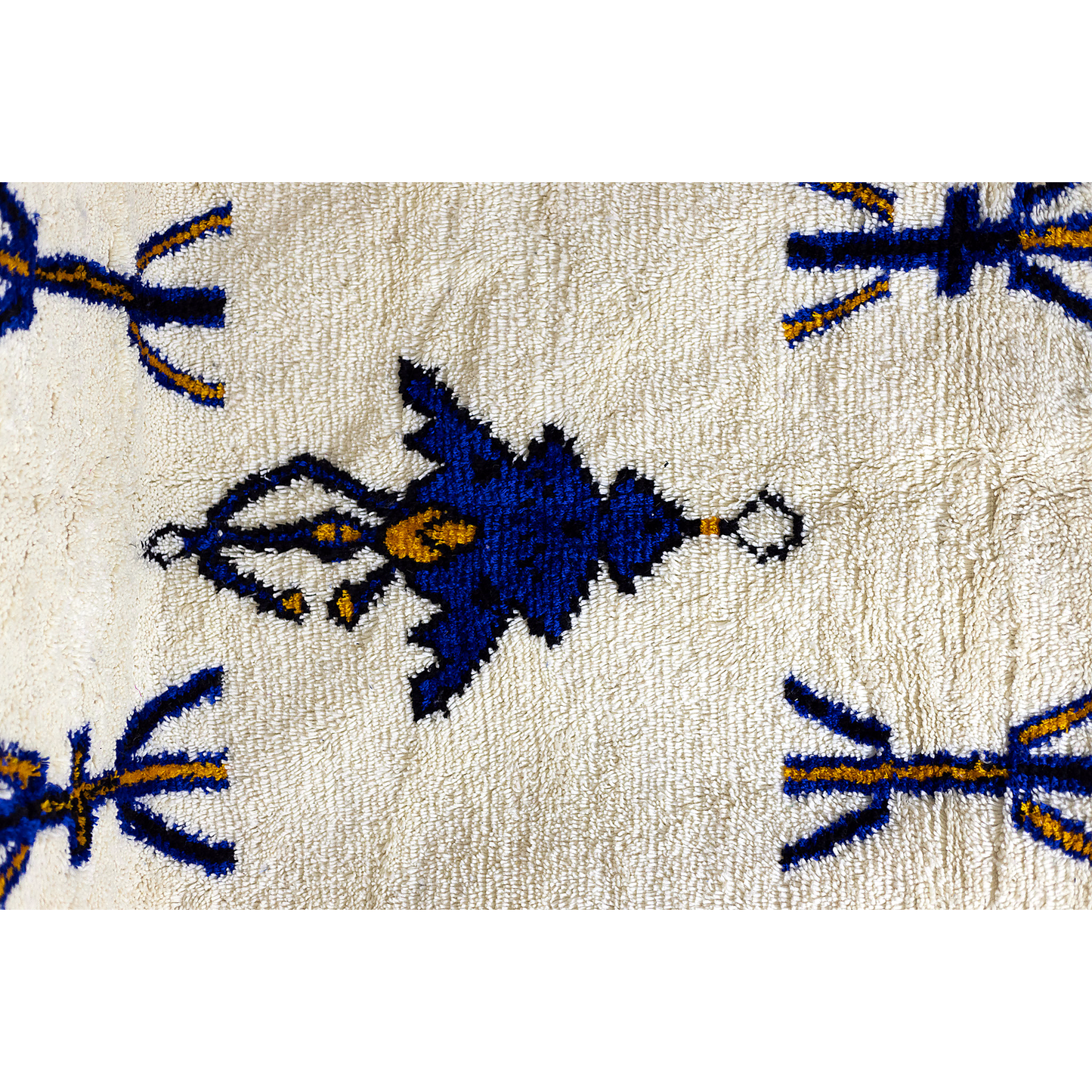 Azilal Moroccan Rug – Indigo & Saffron Amazigh Symbols (150 × 250 cm / 5′ × 8′2″)