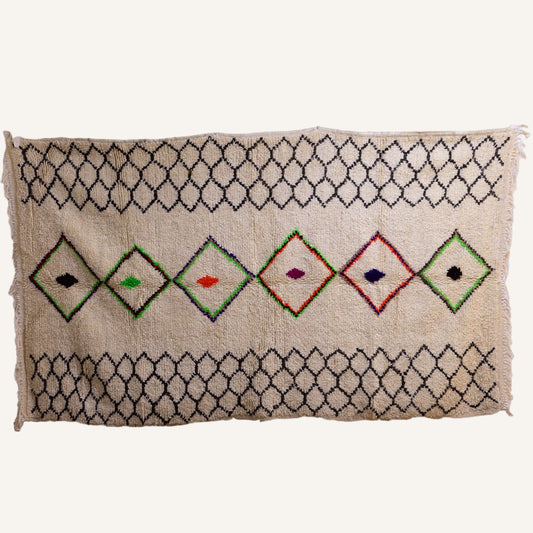 Azilal Moroccan Rug – Colorful Diamond Motifs with Black Lattice (143 × 243 cm / 4′8″ × 7′11″)